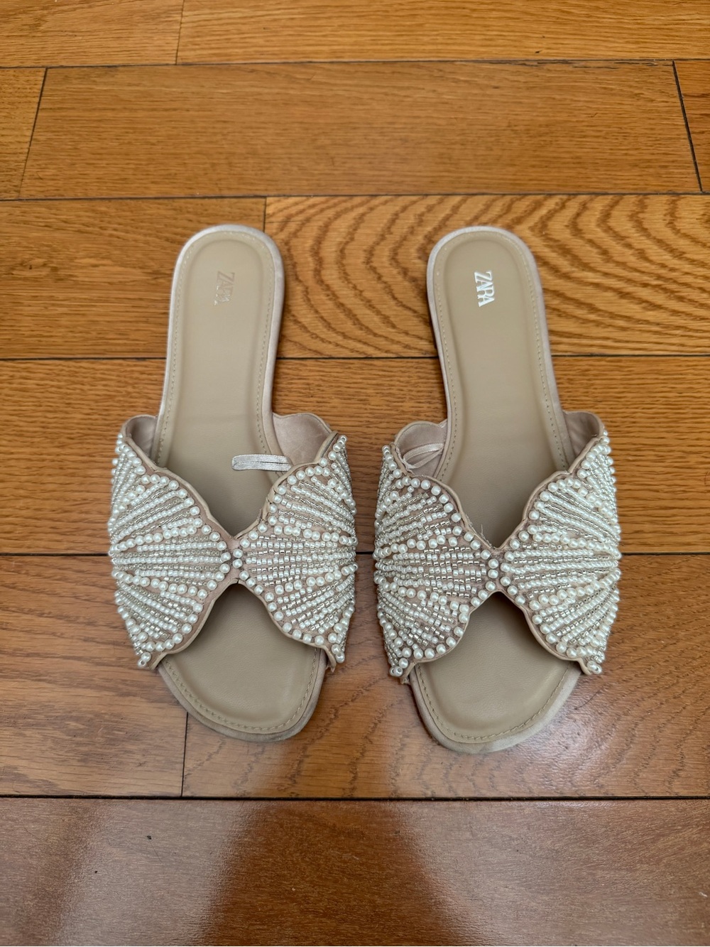 Zara Pearl-Embellished Beige Slide Mules